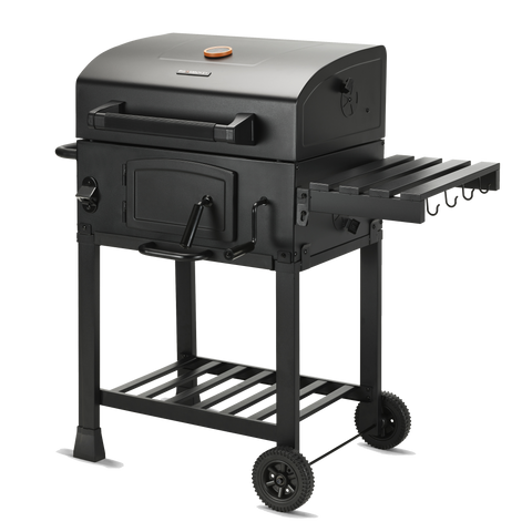 Big Smokey Black Label Charcoal BBQ American Style Grill with Cast Iron Cooking Grates Adjustable Charcoal Tray, Temperature Gauge, Side Table & Wheels